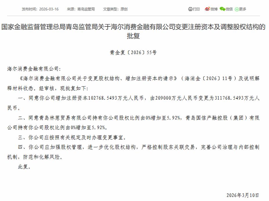 海尔消费金融股权变更_海尔集团增资消费金融公司_海尔经销商贷款